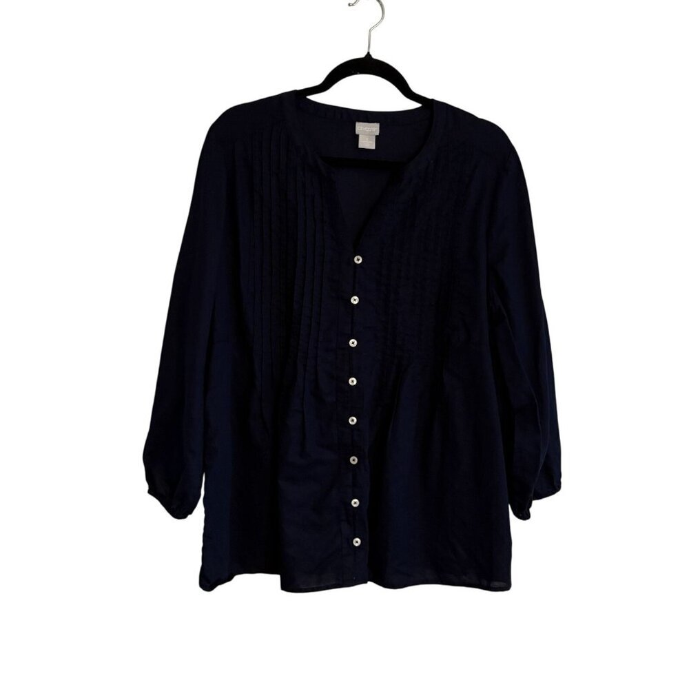 Chicos 3 US 16/18 Navy Blue Linen Cotton 3/4 Sleeves Pintuck Button Up Tunic Top